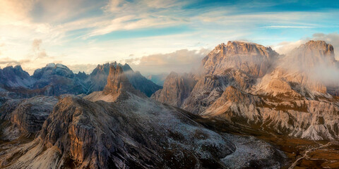 Evening Panoramic view of Drei Zinnen or Tre Cime di Lavaredo