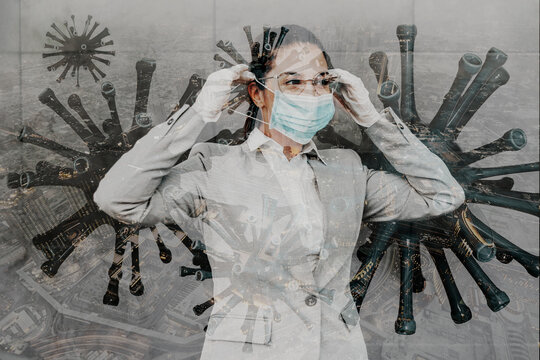 Woman Putting Face Mask During Corona Virus Pandemic. Double Exposure With City And Corona Virus.