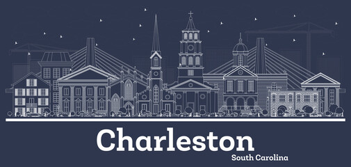 Naklejka premium Outline Charleston South Carolina City Skyline with White Buildings.