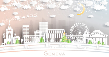 Geneva Switzerland City Skyline in Paper Cut Style with Snowflakes, Moon and Neon Garland.