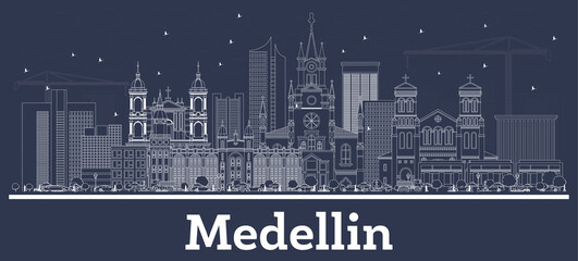 Obraz premium Outline Medellin Colombia City Skyline with White Buildings.