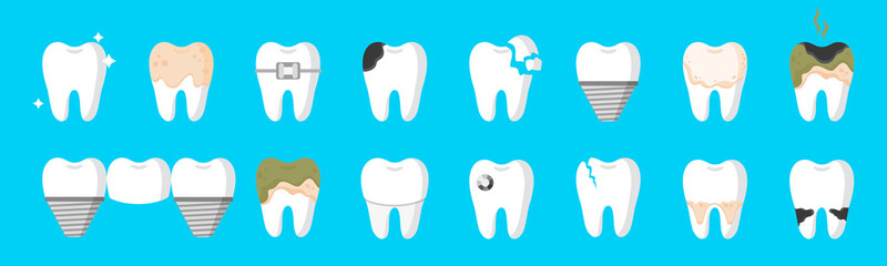 Vector cartoon set of teeth with different types of dental diseases: caries, tartar, plaque, dental bridge, braces etc