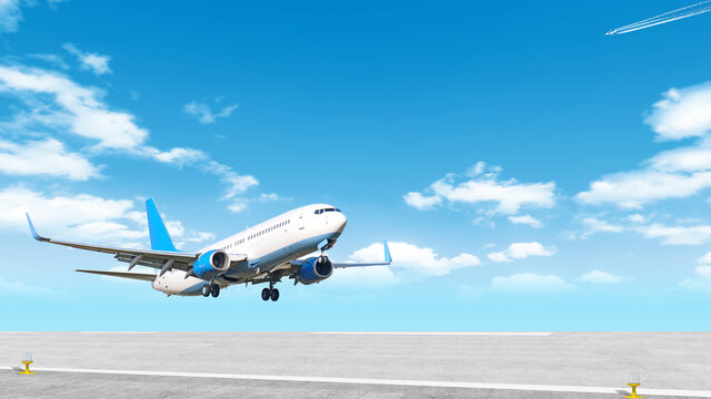 Modern Airplane Taking Off Airport Runway Against Clouds Sky Background. Panorama Of Departing Passenger Plane And Runway. Perspective View Of Jet Aircraft Arriving To Airport. Air Travel Wallpaper