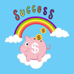 Piggy bank with word success on rainbow,vector image illustration