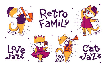 Collection of colorful Jazz cats. Whimsical characters with rays are playing jazz