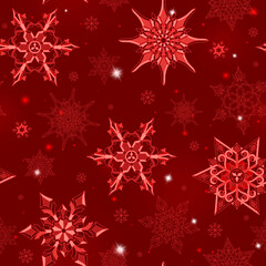 Naklejka na ściany i meble Seamless pattern on the theme of winter and winter holidays, the contour of the snowflake and flare, pink snowflakes on a red background