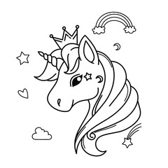 White Unicorn head vector icon for children design isolated. Head portrait horse with rainbow hair. Cute magic cartoon fantasy animal. Animal in dream fantasy concept.