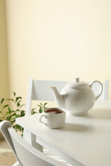 Obraz na płótnie Canvas Concept of breakfast with tea on white table
