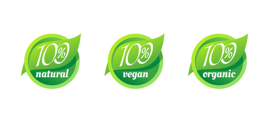 100 natural, 100 organic, 100 vegan stamp - tag for healthy food, vegetarian nutrition in modern circle shape - vector sticker set