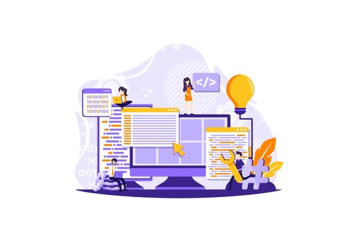 tiny illustration young programmer coding new project sitting on computer with command line web development. Vector illustration