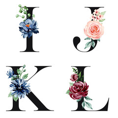 Letters set, floral alphabet with watercolor flowers and leaf. Monogram initials perfectly for wedding invitation, greeting card, logo, poster. Holiday decoration hand painting.