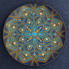 Decorative ceramic plate with black, blue and golden colors, painted plate on background of blue fabric