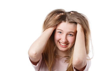 young beautiful girl holding her hair