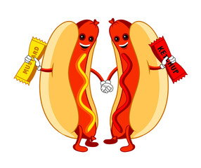 two cartoon style hot dogs holding hands