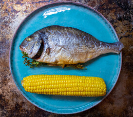 Grilled Dorada fish with whole corn served on blue plate on rusty background
