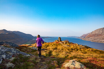 Fototapeta premium Women hiking in the mountains, Northern Norway