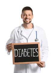 Doctor holding chalkboard with word DIABETES on white background