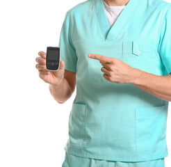 Doctor with digital glucometer on white background. Diabetes concept