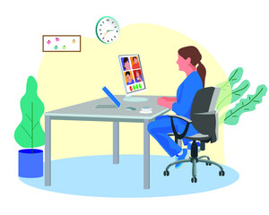 Fototapeta premium Girl at work. Stay at home concept. Distance work and training. Self-isolation, quarantine due to coronavirus