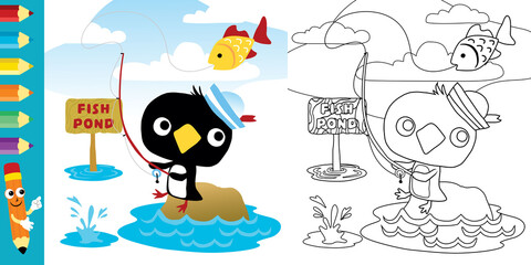 cute penguin cartoon fishing, coloring book or page