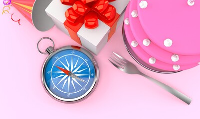 Compass with birthday cake and gift