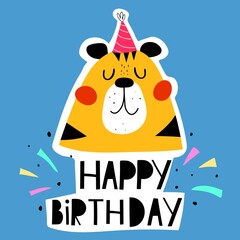 Happy birthday. cartoon tiger, hand drawing lettering, decorative elements on a neutral background. Colorful holiday vector illustration, flat style. Design for greeting cards, prints, posters