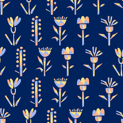 Simple pattern with different colorful paper cut plants on dark background. Hand drawn geometrical floral elements for wallpaper, wrapping paper, surface design