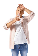 Mature man with problem of excessive thirst on white background. Diabetes symptoms