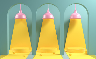 Mockup Three Stage In Yellow Hilight With Pink Lamp And Green Tunnel Background 3d Render