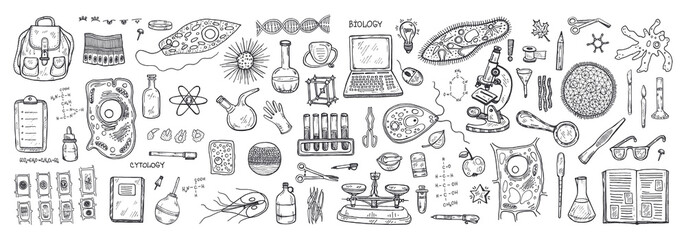 Set with hand drawn biology images. Science collection. Vector banner. May use as a coloring page