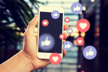 Human hand using smart phone with social media illustration