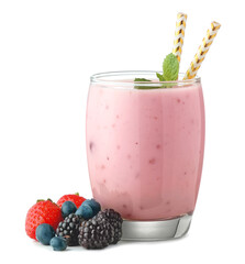 Glass of tasty berry smoothie on white background