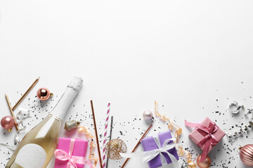 Beautiful New Year composition with champagne on light background