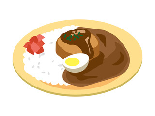 お皿に乗った日本風のカレーライス（ハンバーグのカレー）