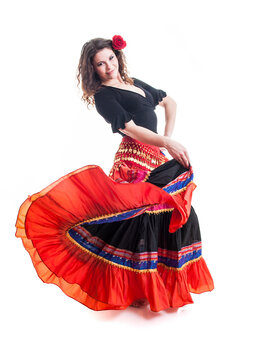 Beautiful young female flamenco dancer in traditional vivid Spanish dress in various poses