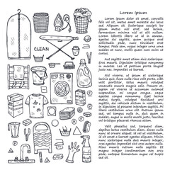 Illusrtation with hand drawn laundry icons. Collection of sketched objects.  Home laundry service. Accessories for washing and drying clothes