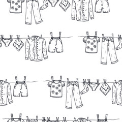 Seamless pattern with hand drawn clothes. Collection of sketched objects.  Home laundry service.  dried clothes