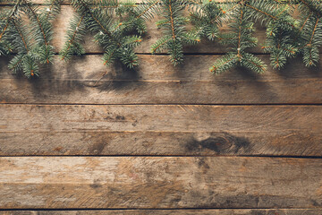 Beautiful Christmas tree branches on wooden background
