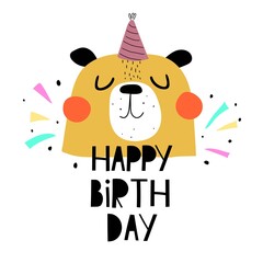 Happy birthday. cartoon bear, hand drawing lettering, decorative elements. Colorful holiday vector illustration, flat style. Design for greeting cards, prints, posters