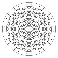 circular floral pattern. plate, saucer. black and white outline drawing. coloring, embroidery, template, tattoo, print.
