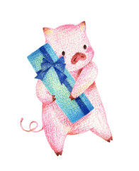 プレゼントを持ったぶた　手描き色鉛筆画