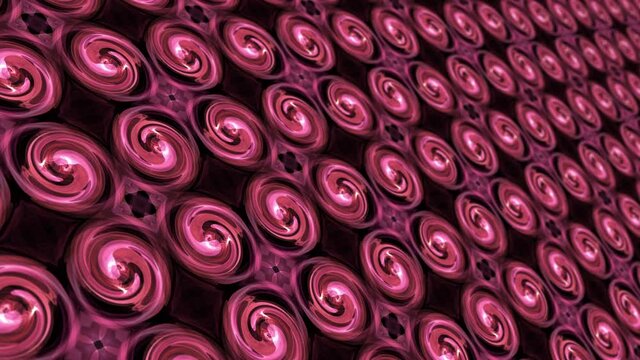 Abstract geometric swirly circle pink and rose gold color glowing pattern background spin rotate moving with dept of field endless pattern. 4K 3D seamless looping animation. Futuristic background.
