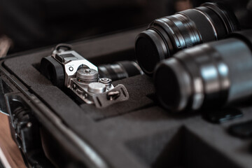 camera and lenses displays in a protective bag