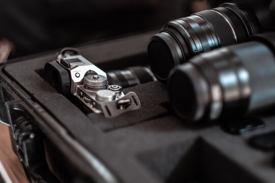 camera and lenses displays in a protective bag