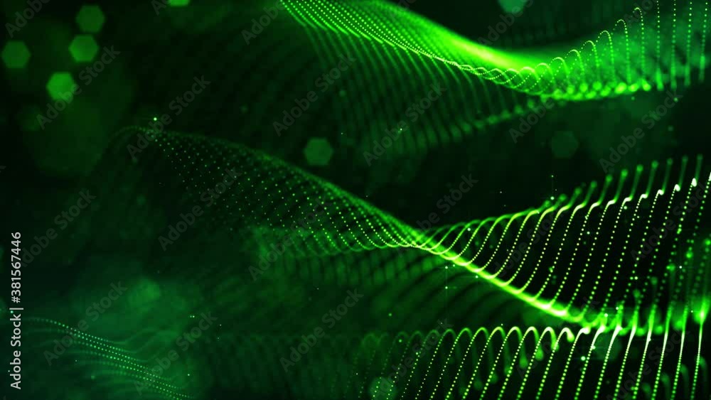 Poster 4k looped sci-fi green background with bokeh and light effects. glow green color particles form line
