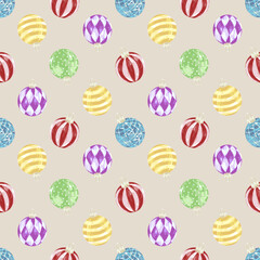 Red, yellow, purple and green christmas balls. Seamless pattern on beige background. Vector illustration.