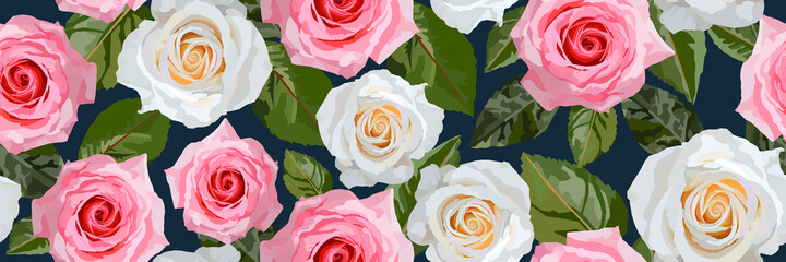 Seamless pattern with white and pink roses