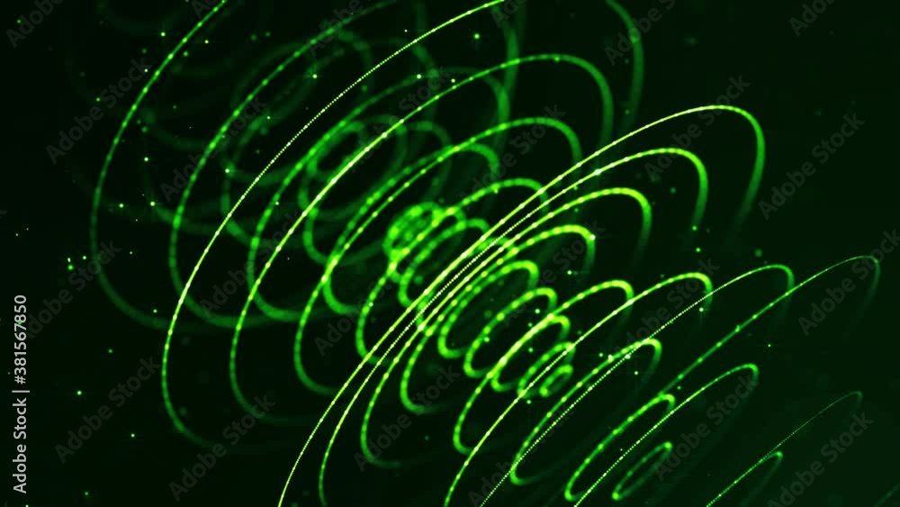 Poster 4k looped sci-fi green background with bokeh and light effects. glow green color particles form line