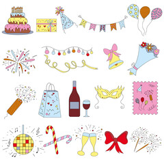 Holidays icon set. Collection of festive multicolored icons.