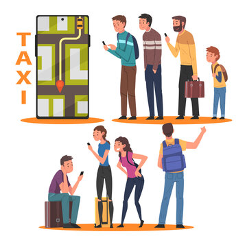 Collection of People Calling Taxi Car or Using Mobile Taxi Call Application, Taxi Service, City Transportation Vector Illustration